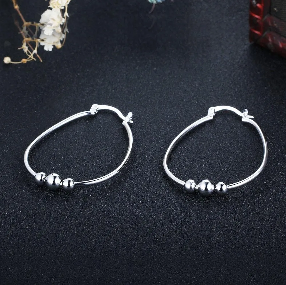Sterling Silver Earrings - Women Fashion Jewelry - Rhodium Plated - Big Circle with Sliding Bead Hoop Earrings