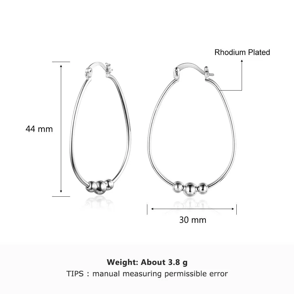 Sterling Silver Earrings - Women Fashion Jewelry - Rhodium Plated - Big Circle with Sliding Bead Hoop Earrings