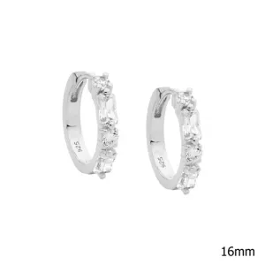 Sterling Silver Hoop Earrings with Round and Baguette Cubic Zirconias 16mm E585S