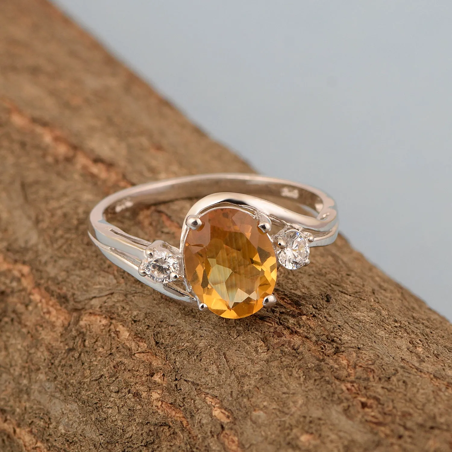 Sterling Silver Oval 2.25 Ctw Citrine with White Topaz Accent Women Rings