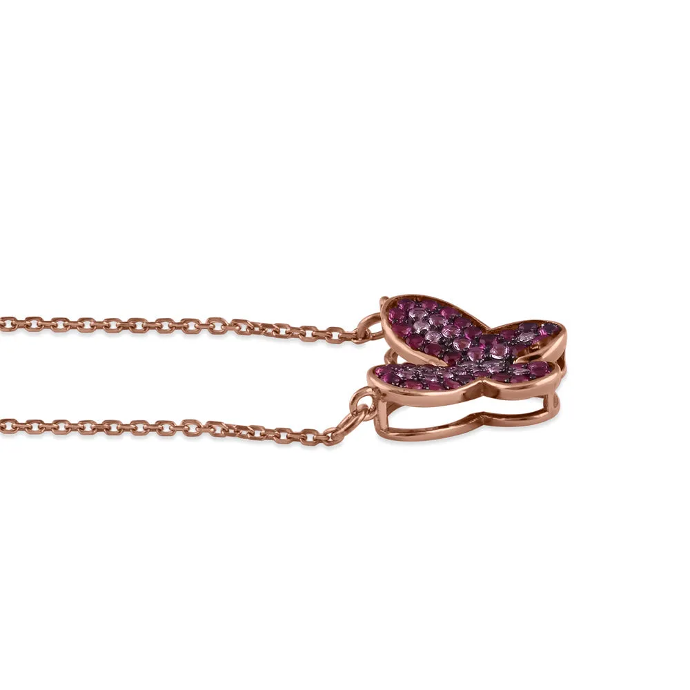 Sterling Silver Rose Gold Plated Pink and Clear Butterfly CZ Necklace