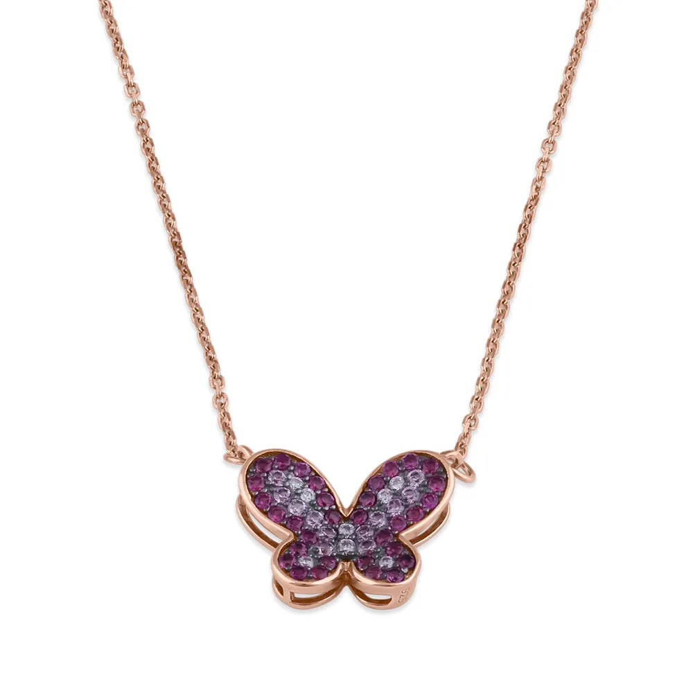 Sterling Silver Rose Gold Plated Pink and Clear Butterfly CZ Necklace