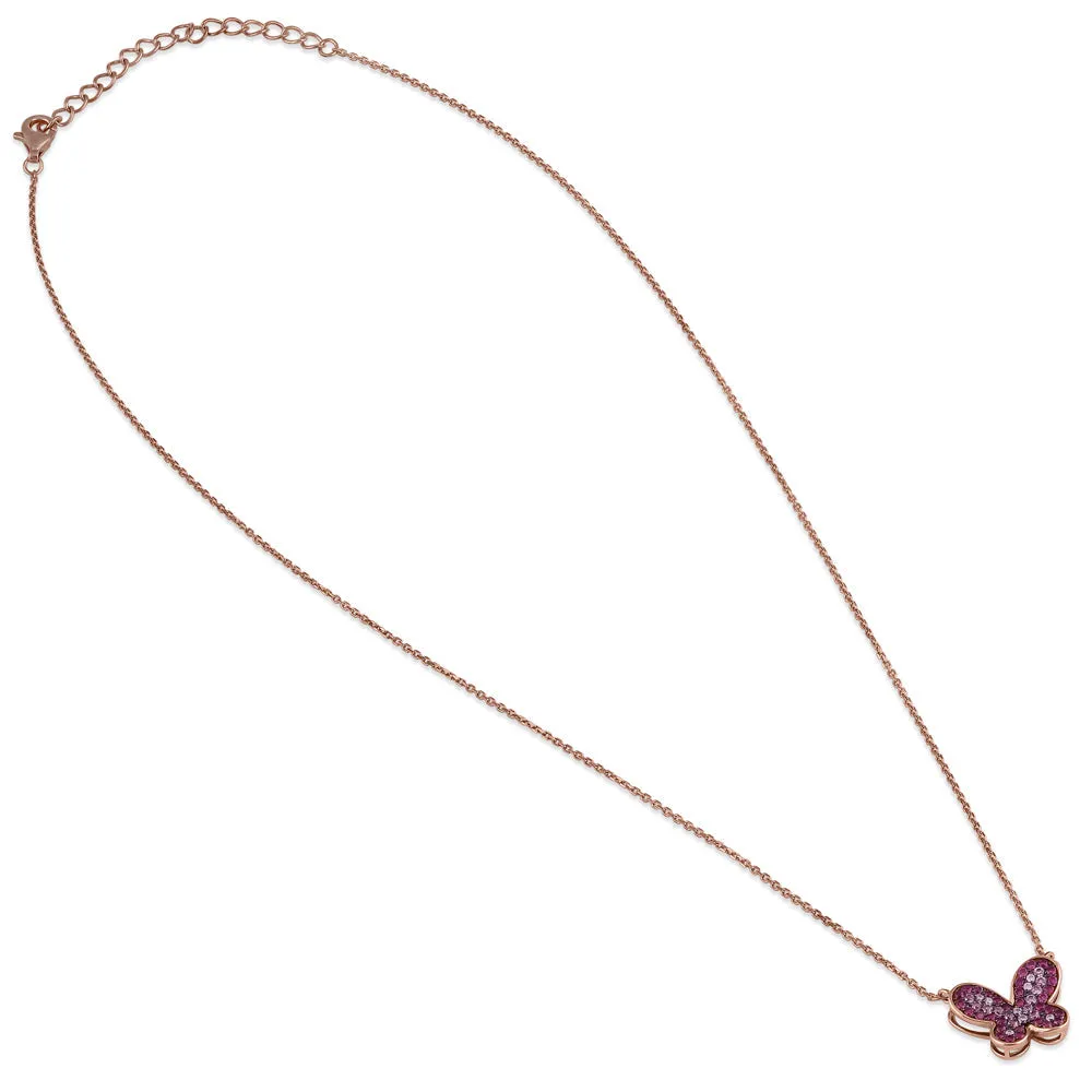 Sterling Silver Rose Gold Plated Pink and Clear Butterfly CZ Necklace