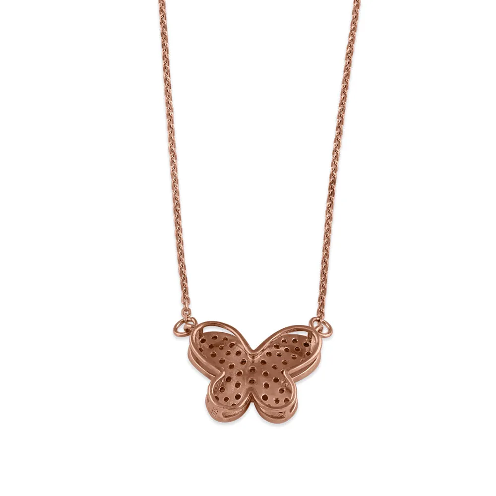 Sterling Silver Rose Gold Plated Pink and Clear Butterfly CZ Necklace