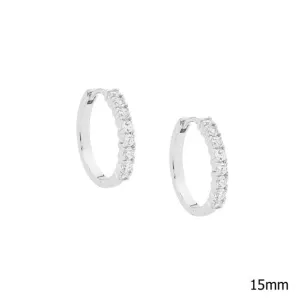 Sterling Silver Round Claw Set with Cubic Zirconia 15mm Hoop Earrings E391S