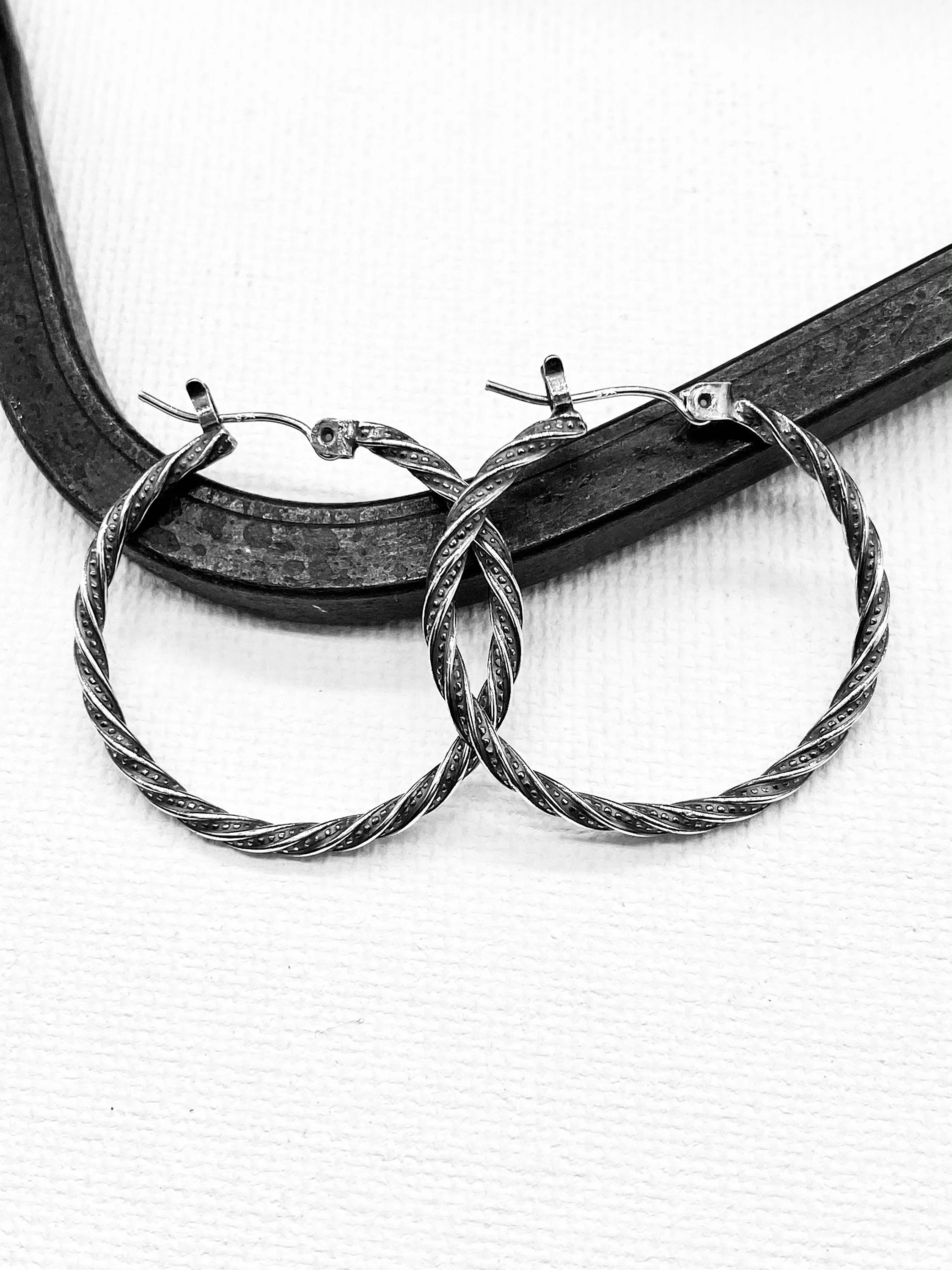 Sterling silver rustic hoop earrings 1”