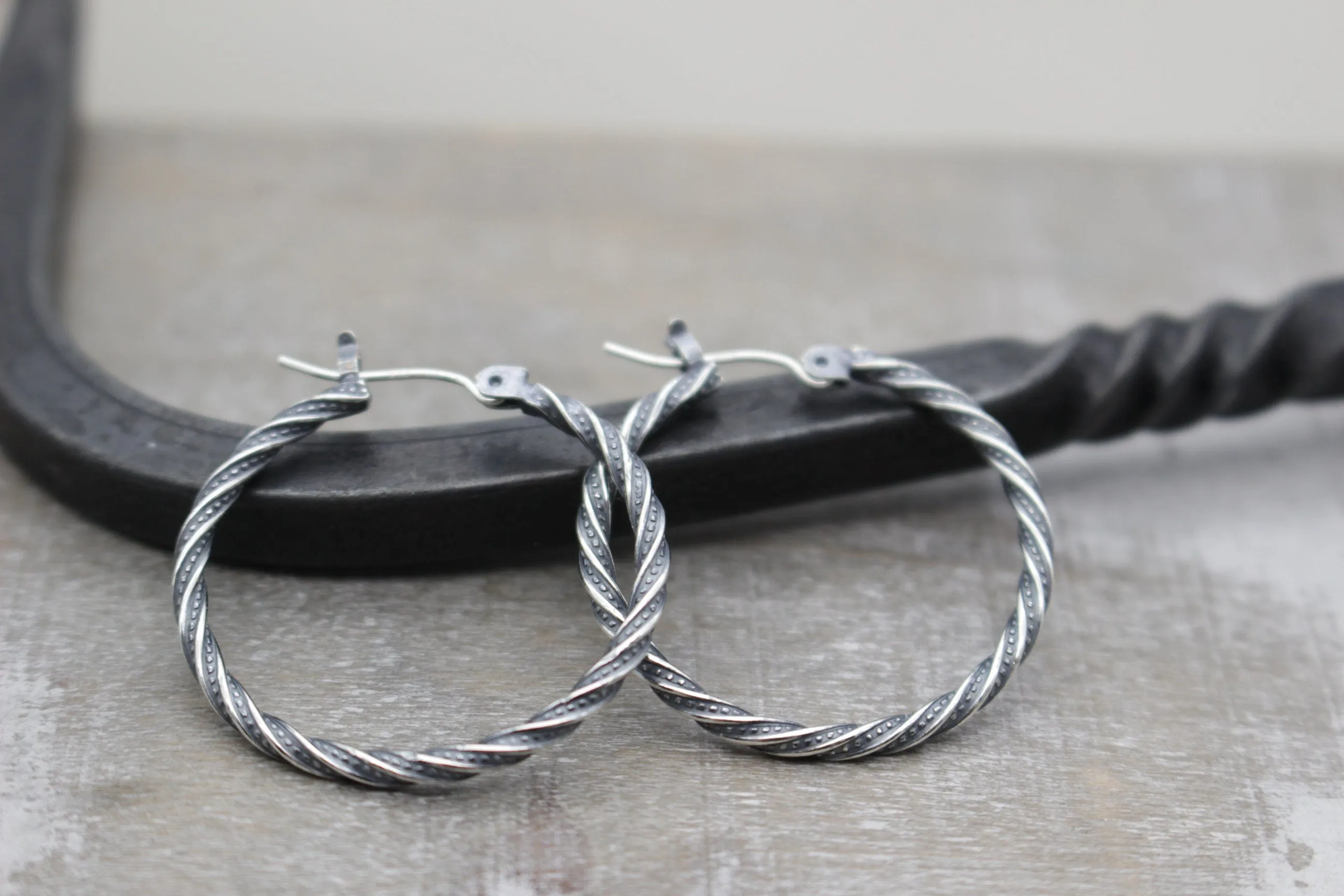Sterling silver rustic hoop earrings 1”