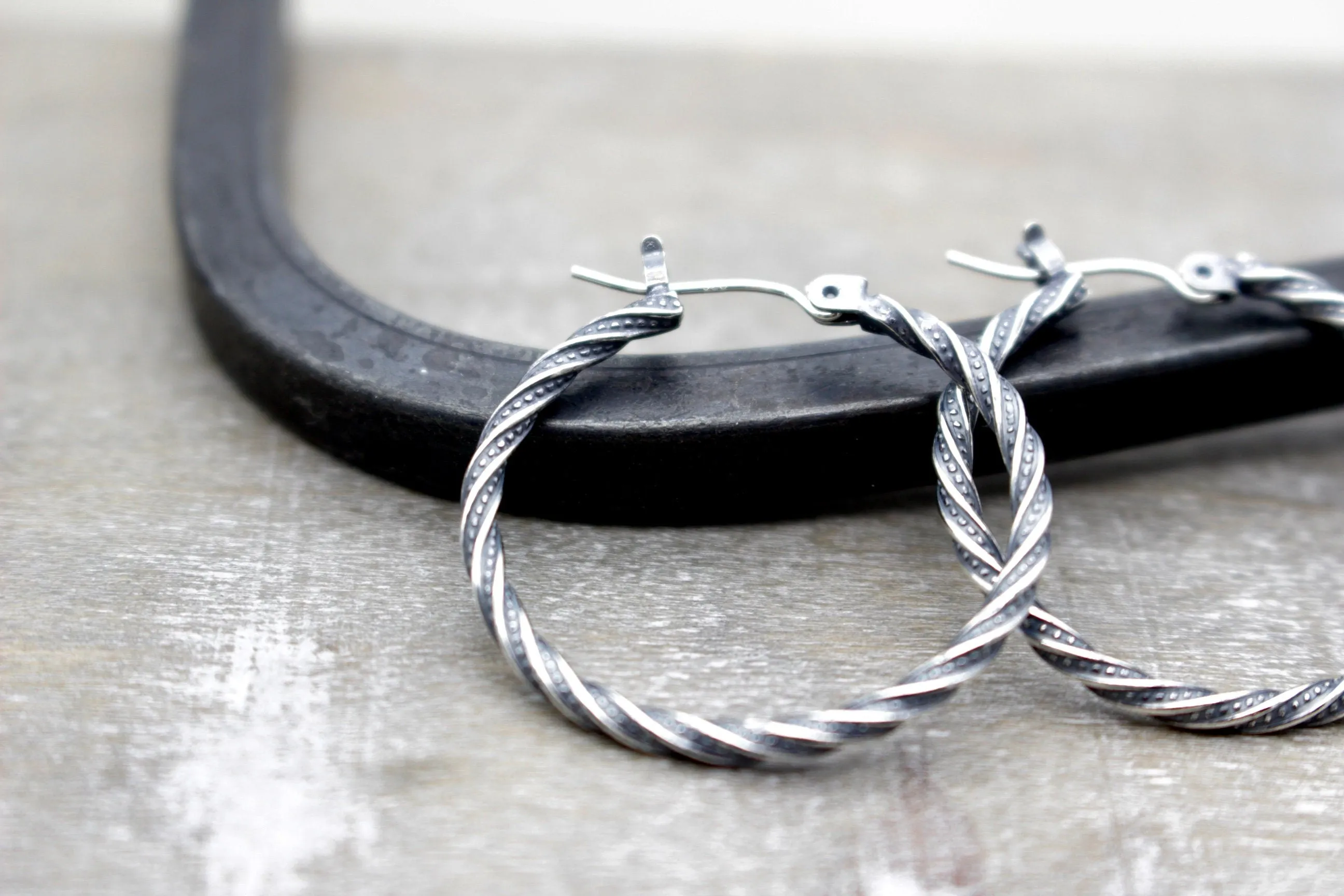 Sterling silver rustic hoop earrings 1”