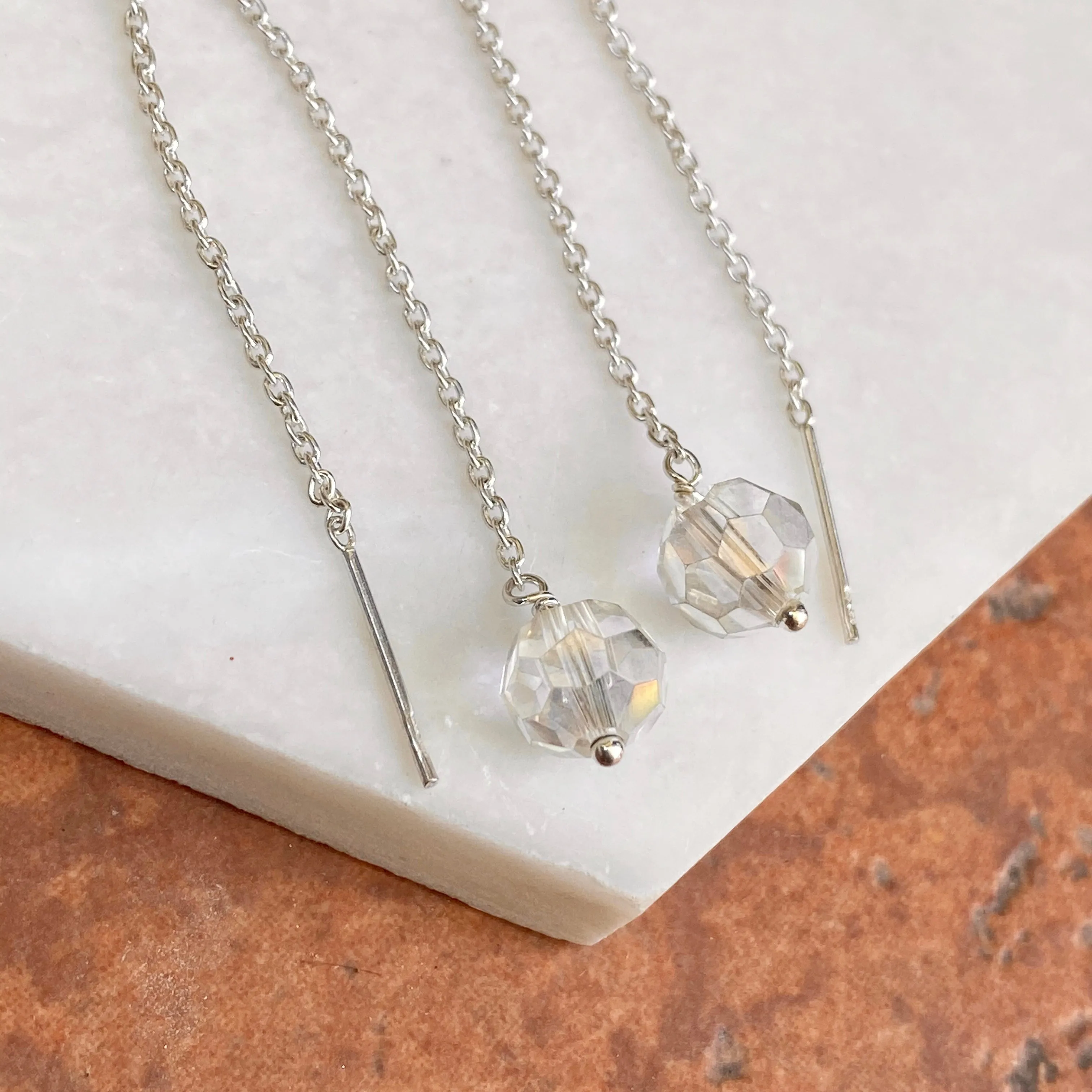 Sterling Silver Threader Chain Clear Crystal Ball Ear Wire Earrings