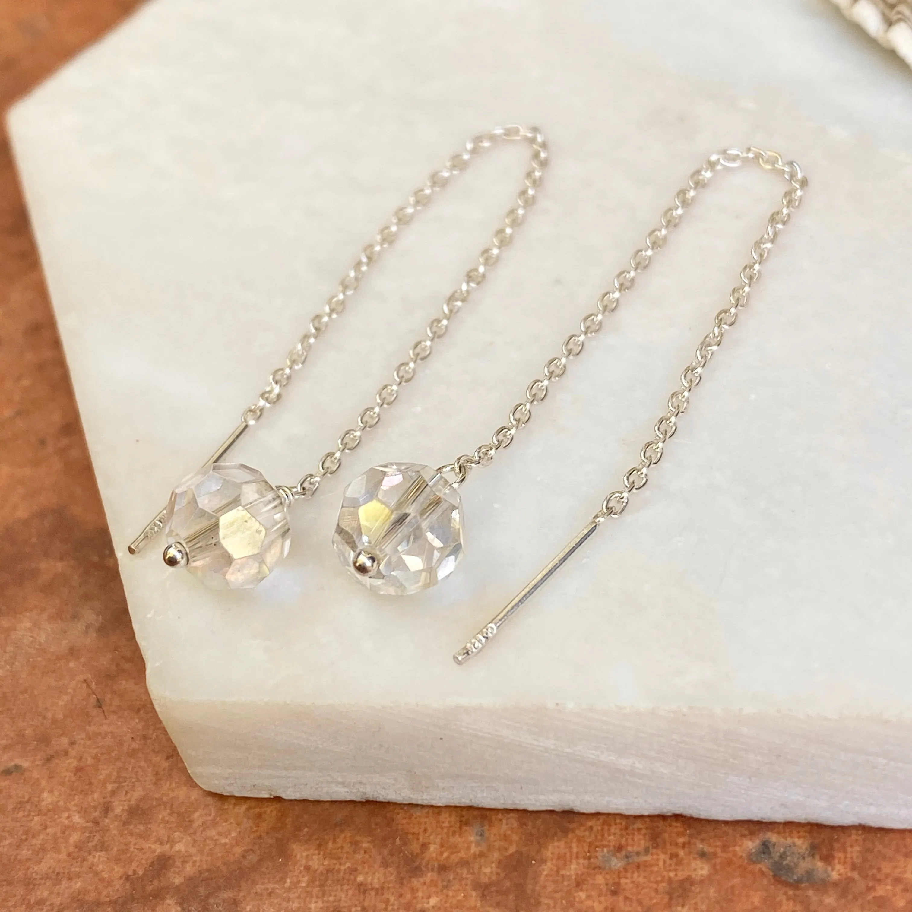 Sterling Silver Threader Chain Clear Crystal Ball Ear Wire Earrings
