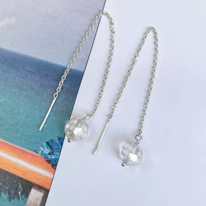 Sterling Silver Threader Chain Clear Crystal Ball Ear Wire Earrings