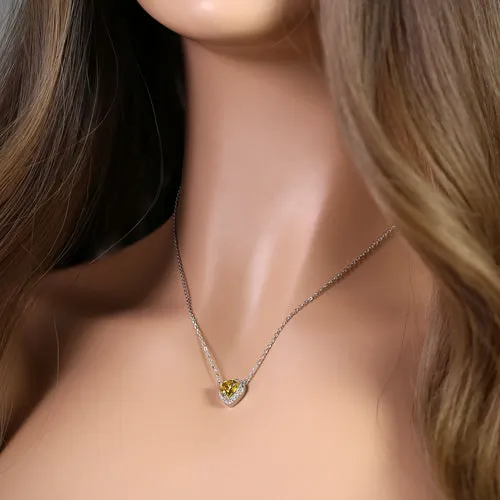 Sterling Silver Yellow and Clear CZ Heart Halo Necklace