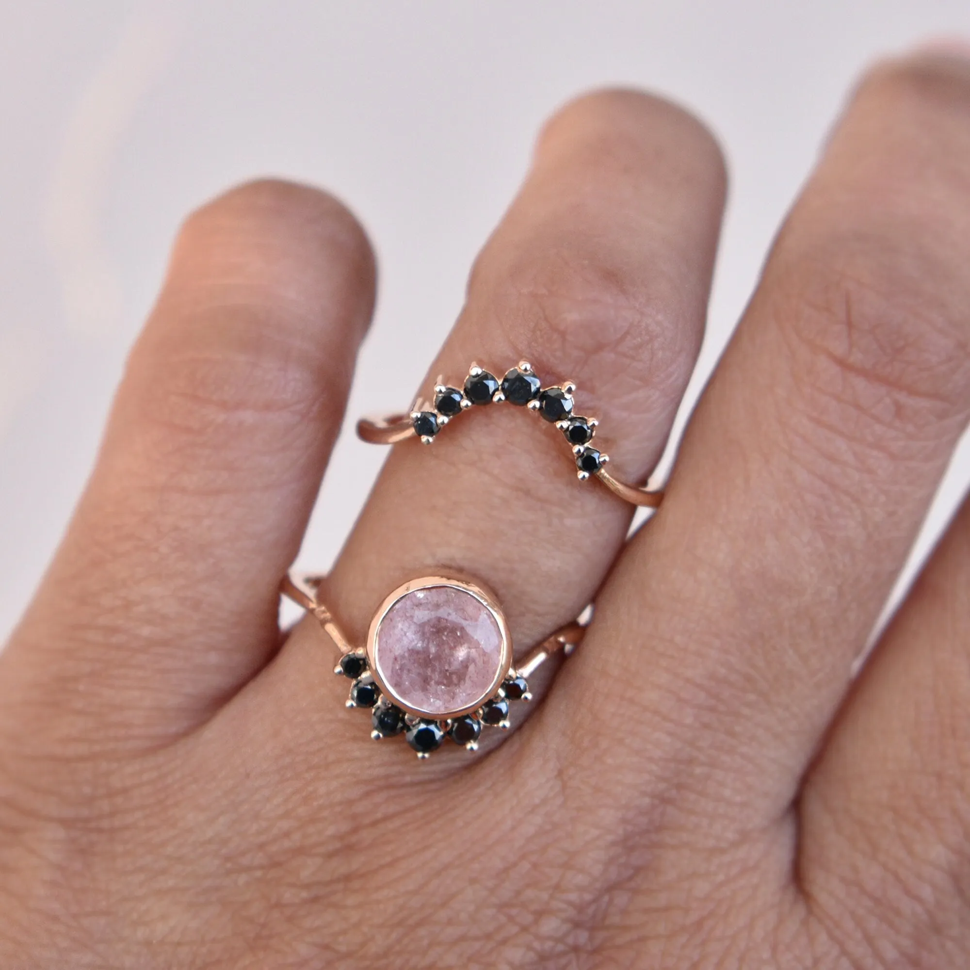 Strawberry Quartz & Black Diamond Crossover Ring Set