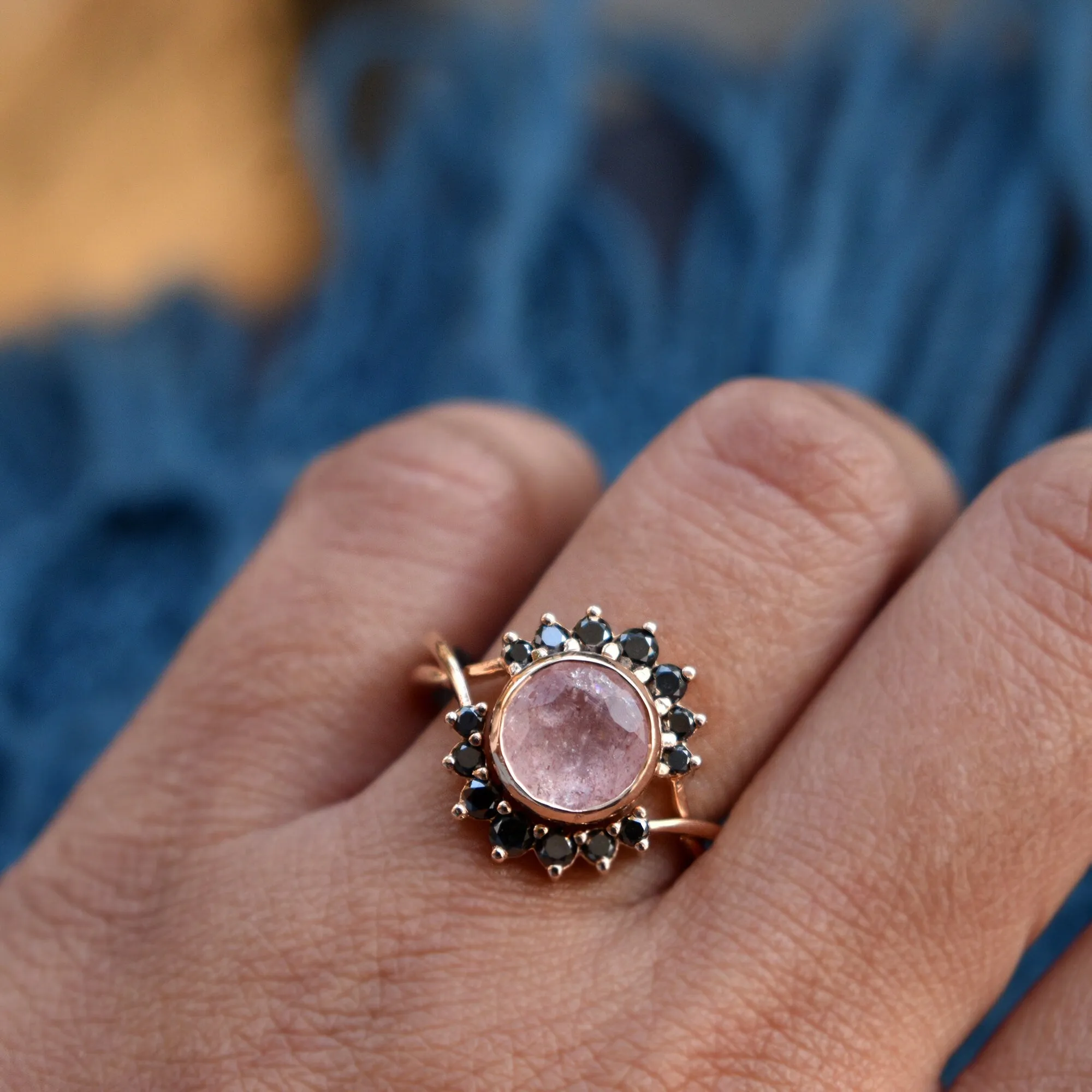 Strawberry Quartz & Black Diamond Crossover Ring Set