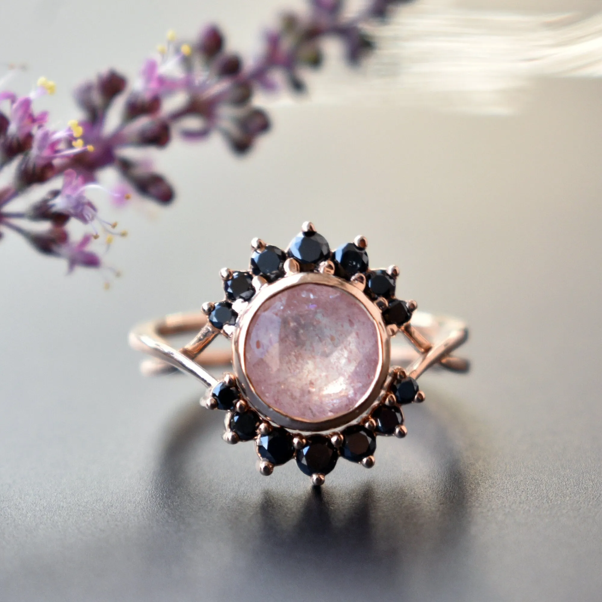 Strawberry Quartz & Black Diamond Crossover Ring Set