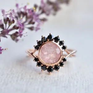 Strawberry Quartz & Black Diamond Crossover Ring Set