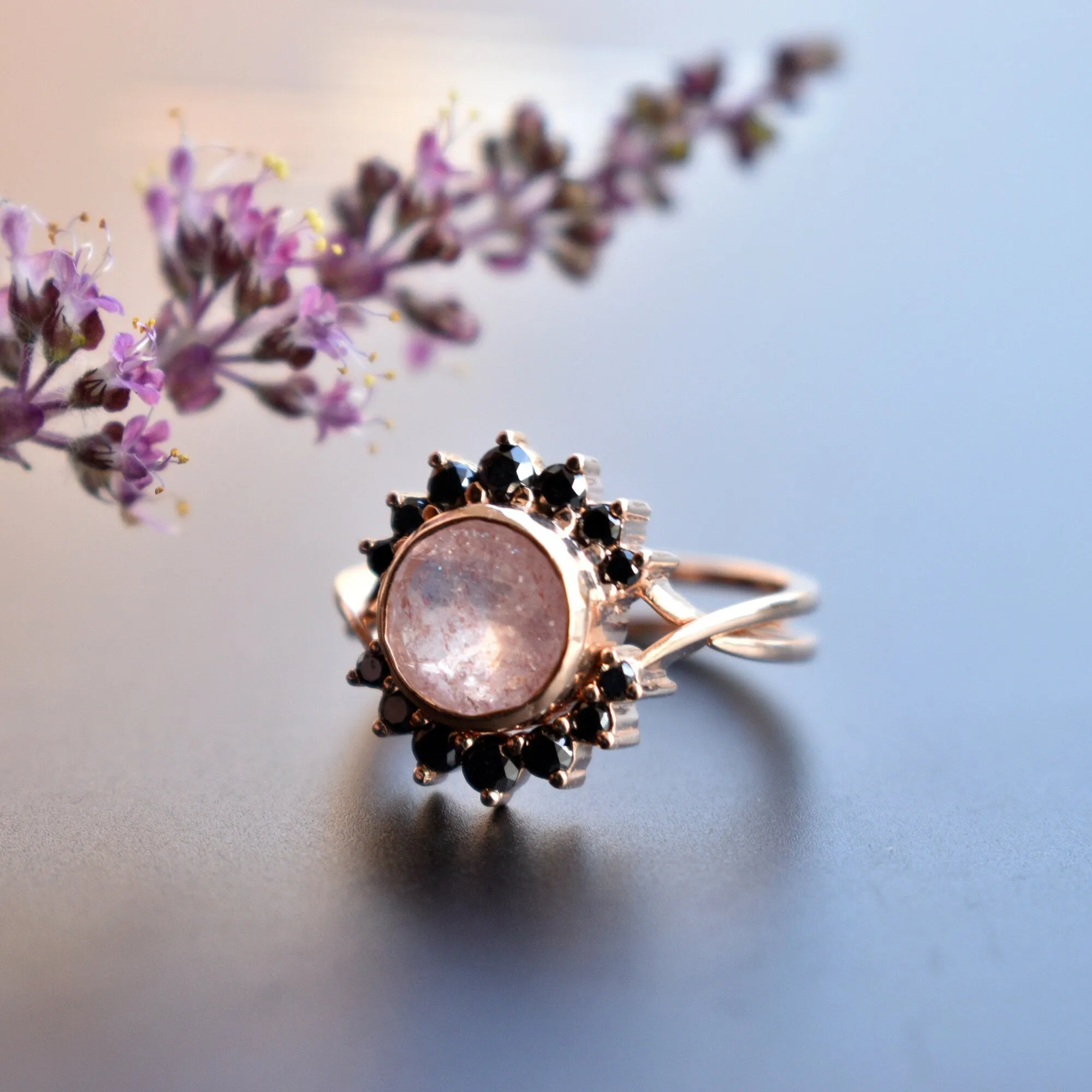 Strawberry Quartz & Black Diamond Crossover Ring Set