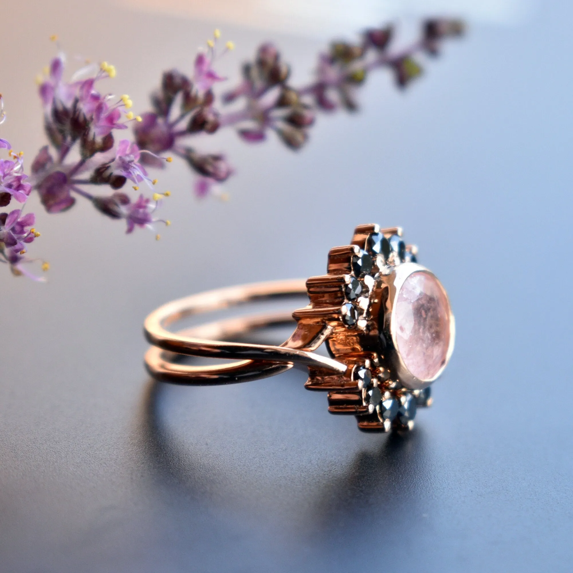 Strawberry Quartz & Black Diamond Crossover Ring Set