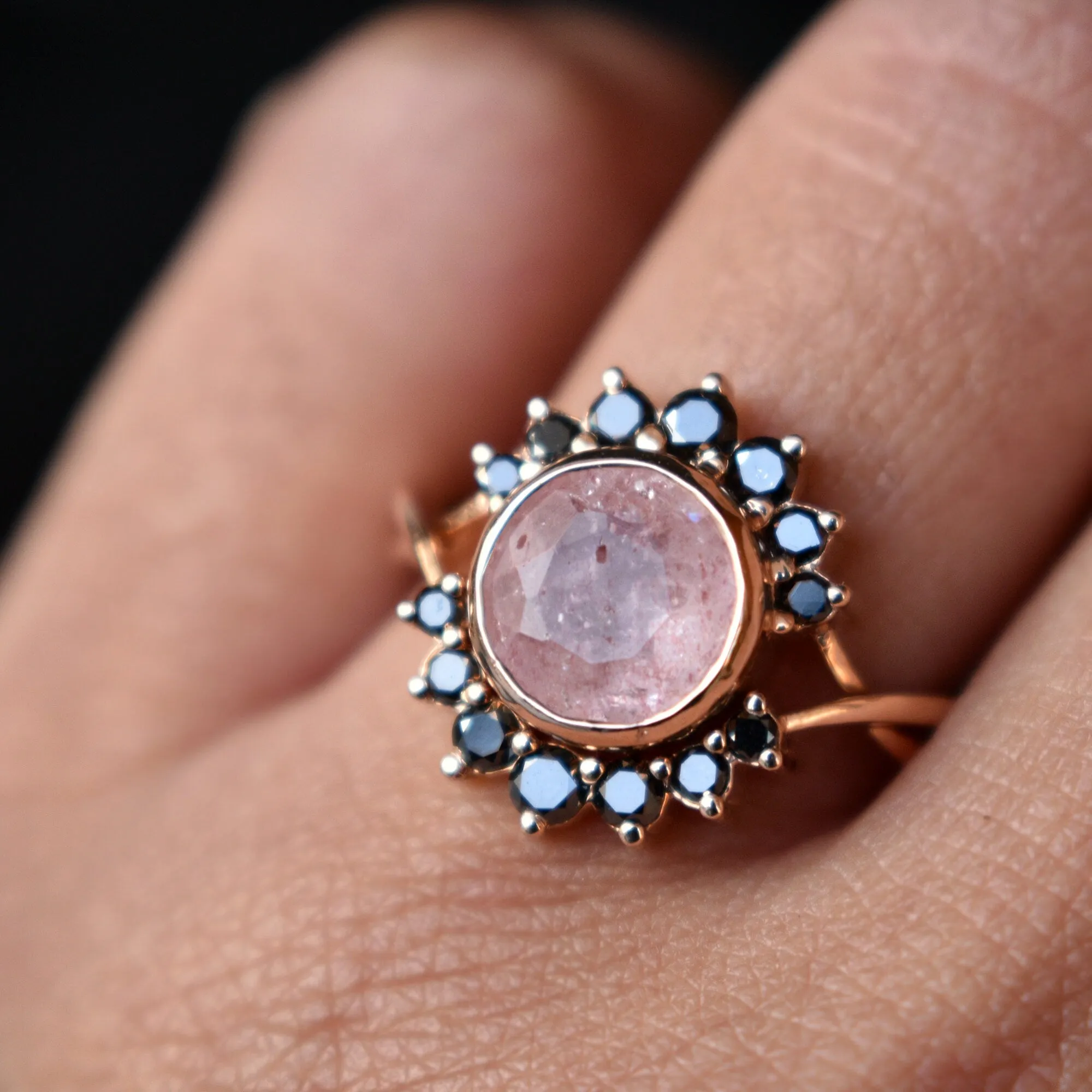 Strawberry Quartz & Black Diamond Crossover Ring Set