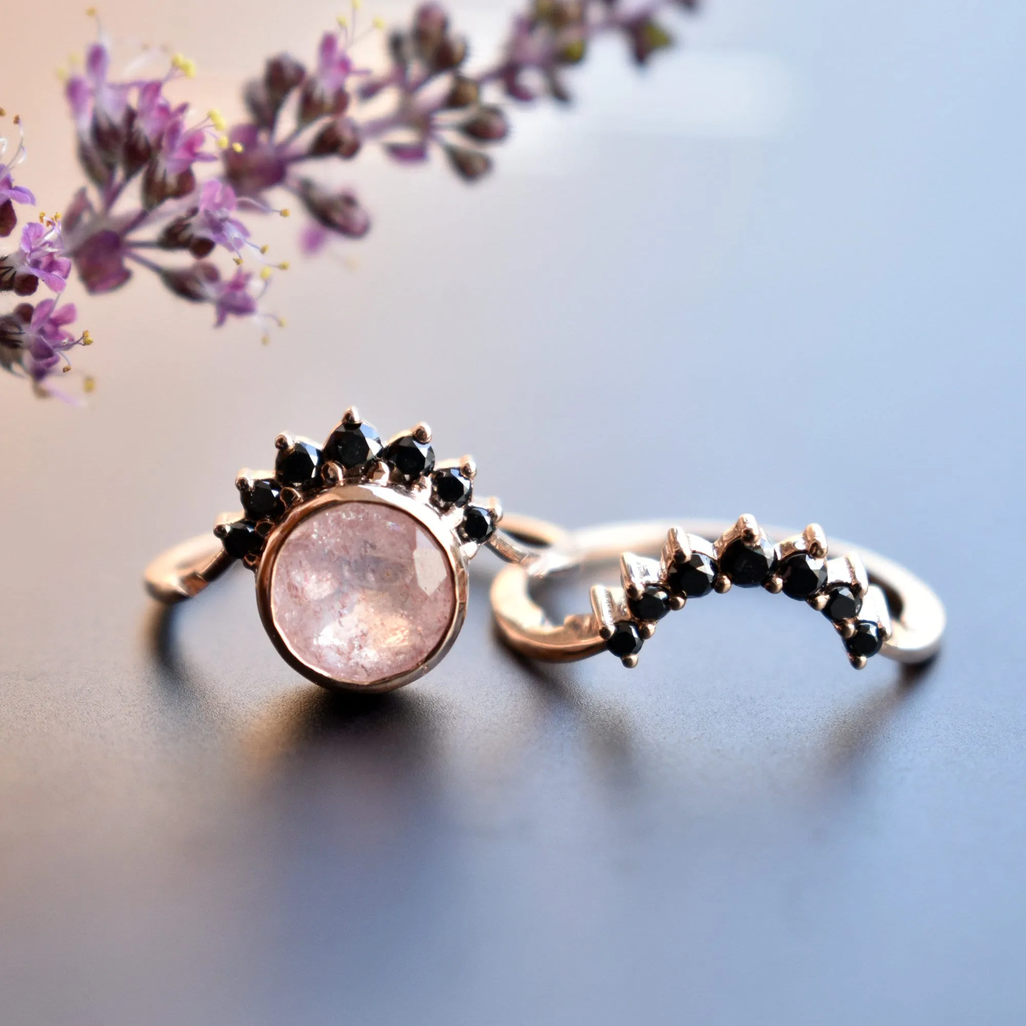 Strawberry Quartz & Black Diamond Crossover Ring Set