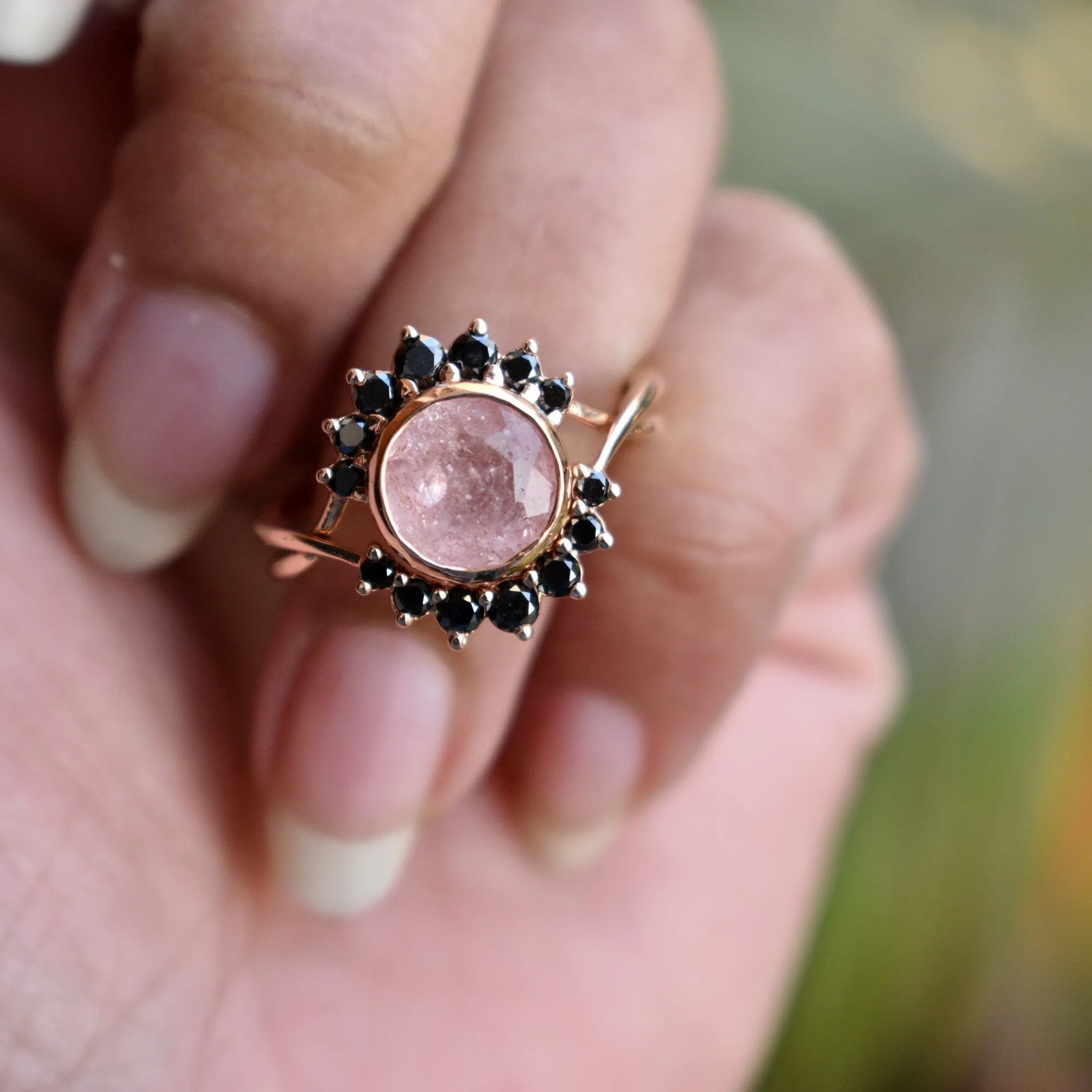 Strawberry Quartz & Black Diamond Crossover Ring Set