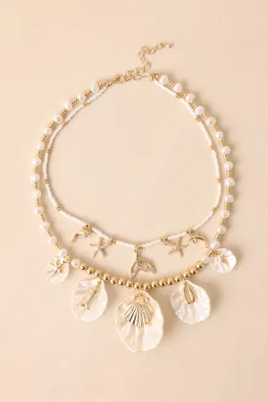 Sunkissed Living Gold Ivory Pearl Layered Coastal Charm Necklace