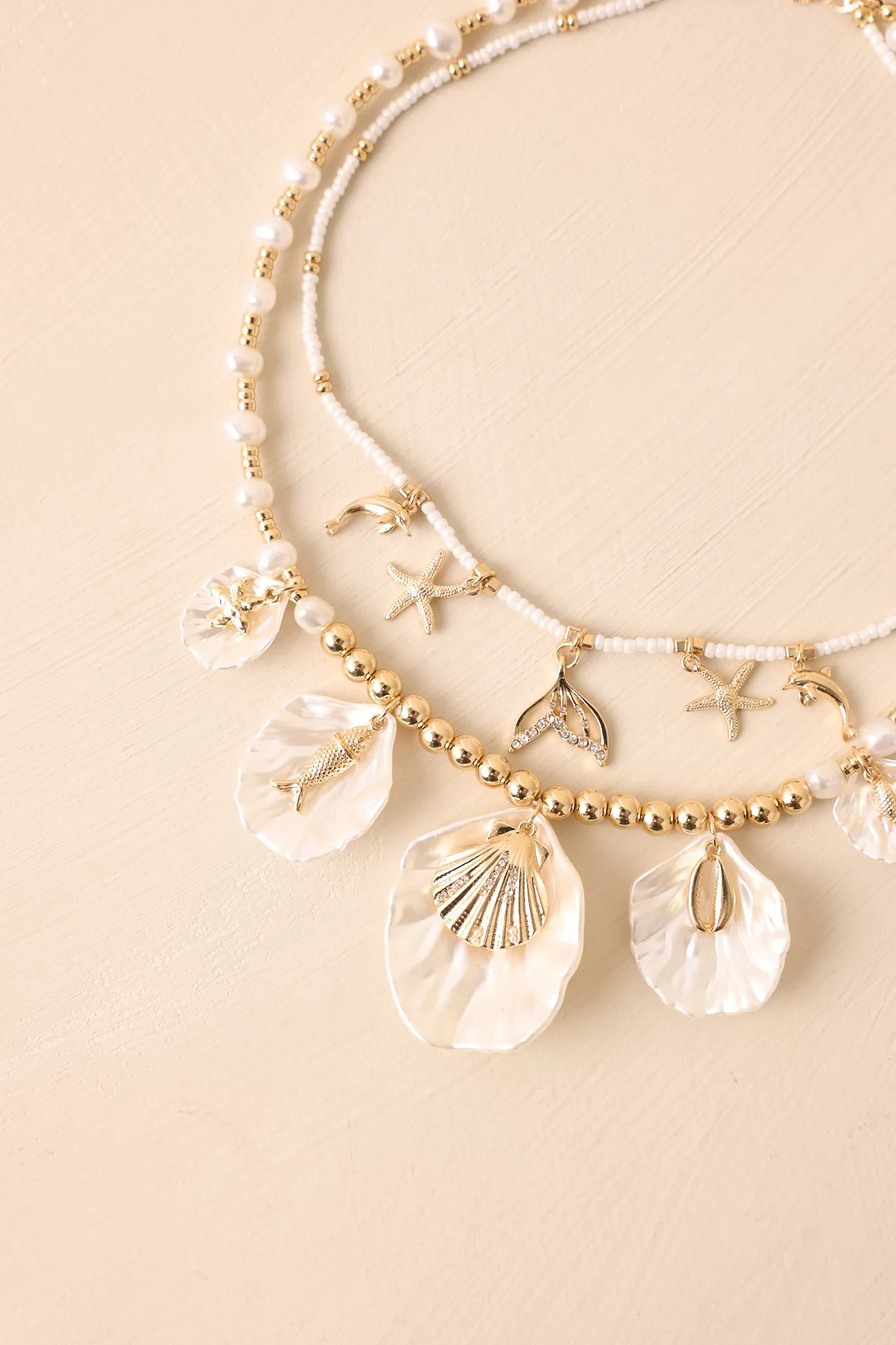 Sunkissed Living Gold Ivory Pearl Layered Coastal Charm Necklace