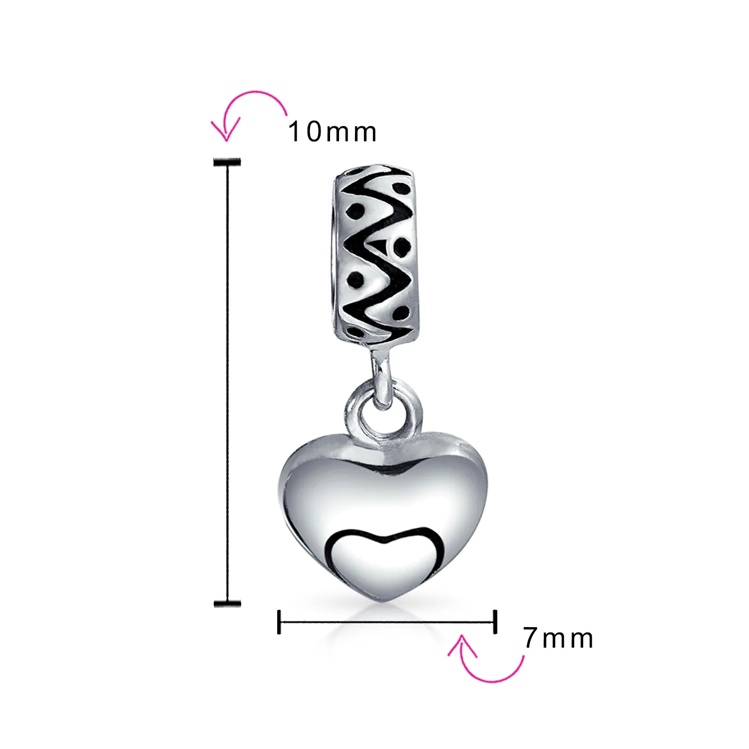 Swirl Heart Dangle Charm Bead in Oxidized Sterling Silver for European Bracelets