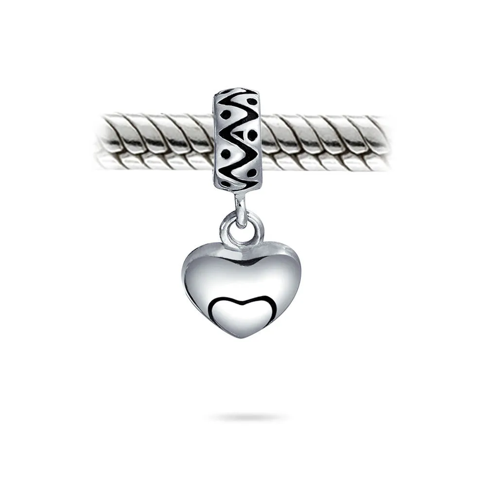 Swirl Heart Dangle Charm Bead in Oxidized Sterling Silver for European Bracelets