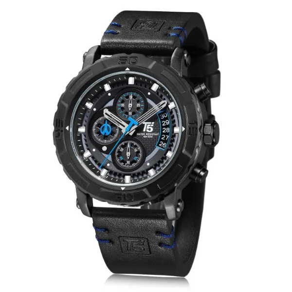 T5 Black Leather Strap Grey Dial Chronograph Quartz Watch for Gents - H3590G-A