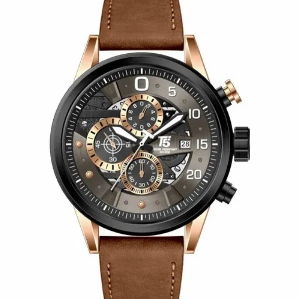 T5 Brown Leather Strap Grey Dial Chronograph Quartz Watch for Gents - H3734G-C