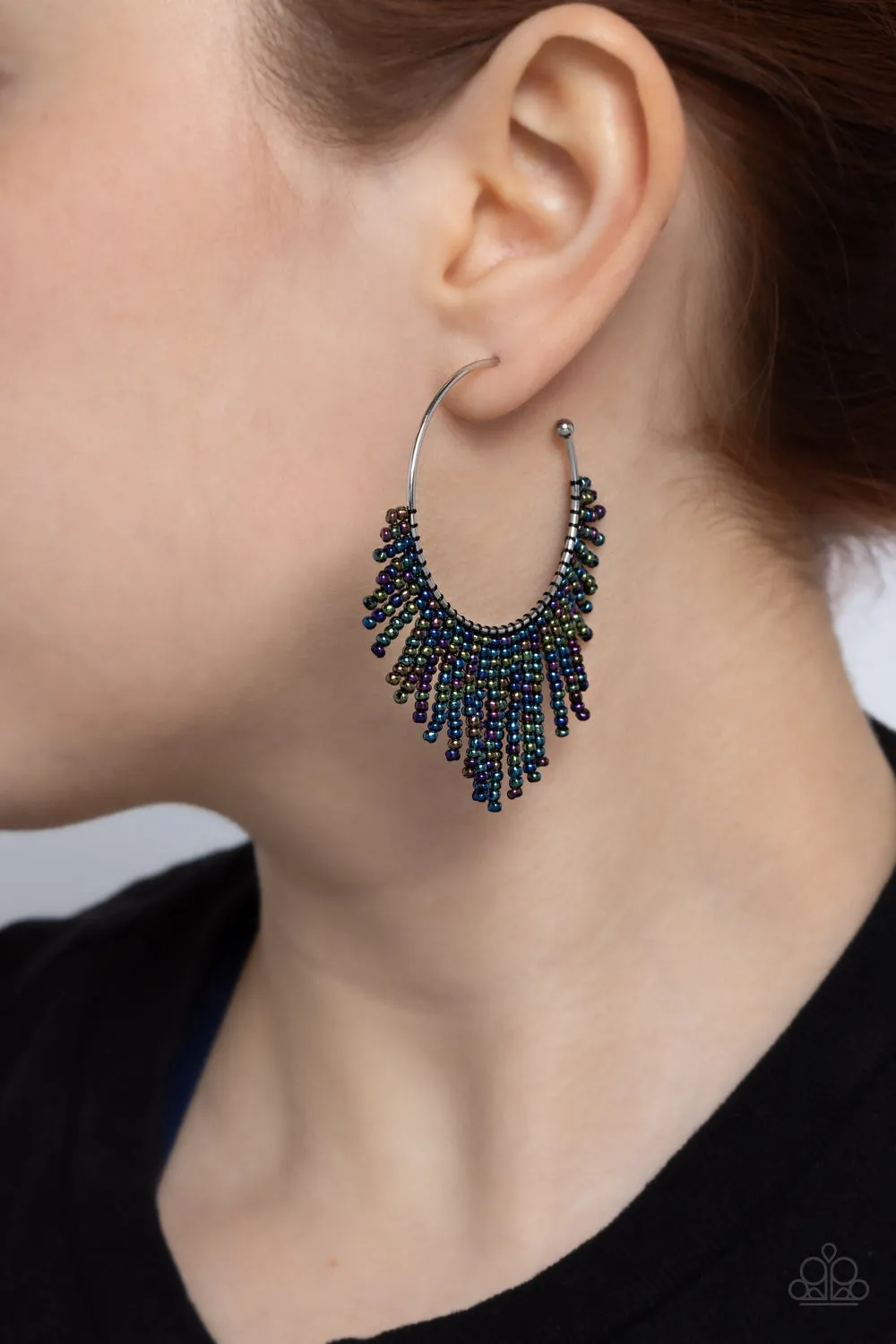 Tailored Tassel - Multi - Oil Spill Seed Bead Paparazzi Hoop Earrrings