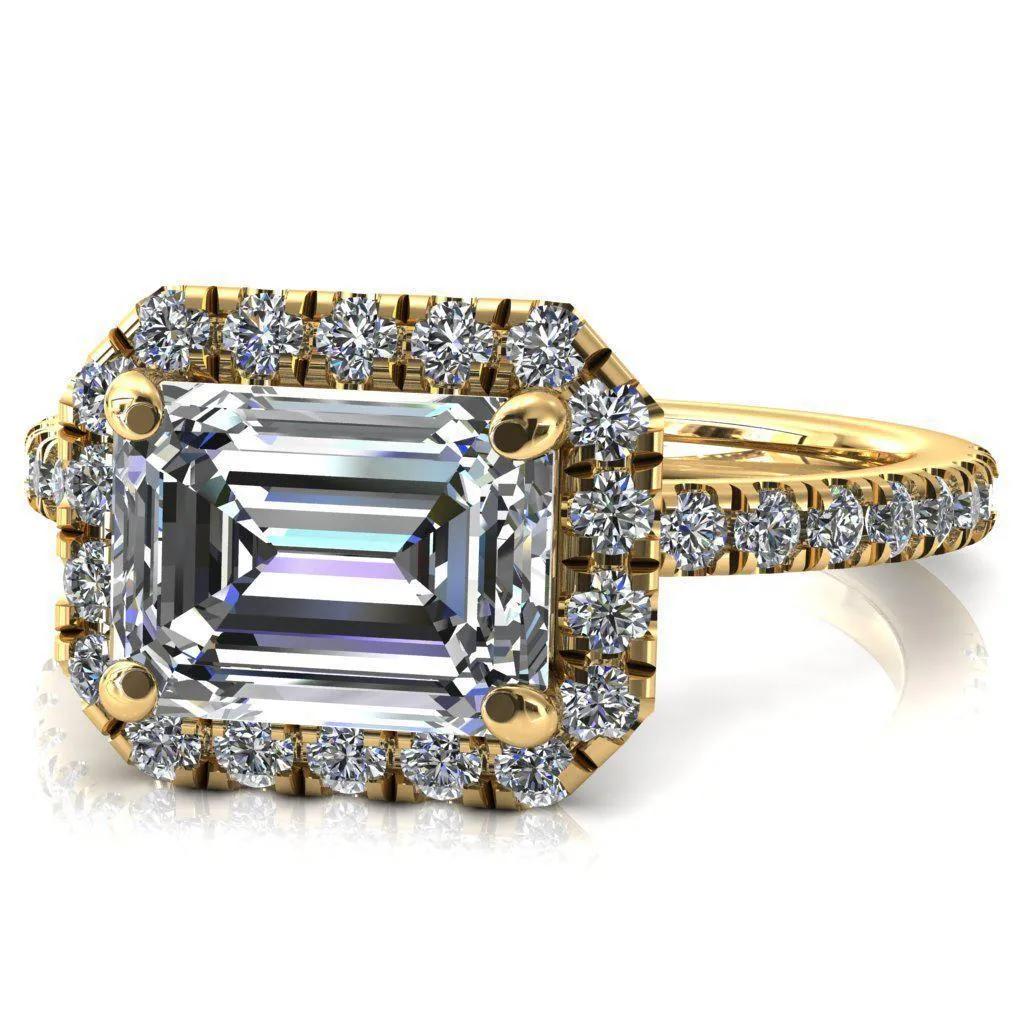 Talia Emerald Moissanite East-West 4 Prong Halo 5/8 Micropave Ring
