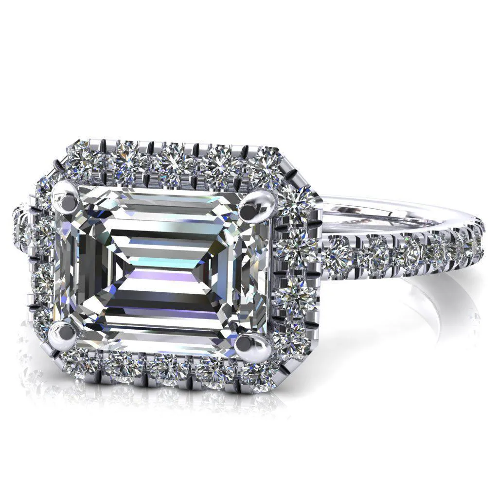 Talia Emerald Moissanite East-West 4 Prong Halo 5/8 Micropave Ring