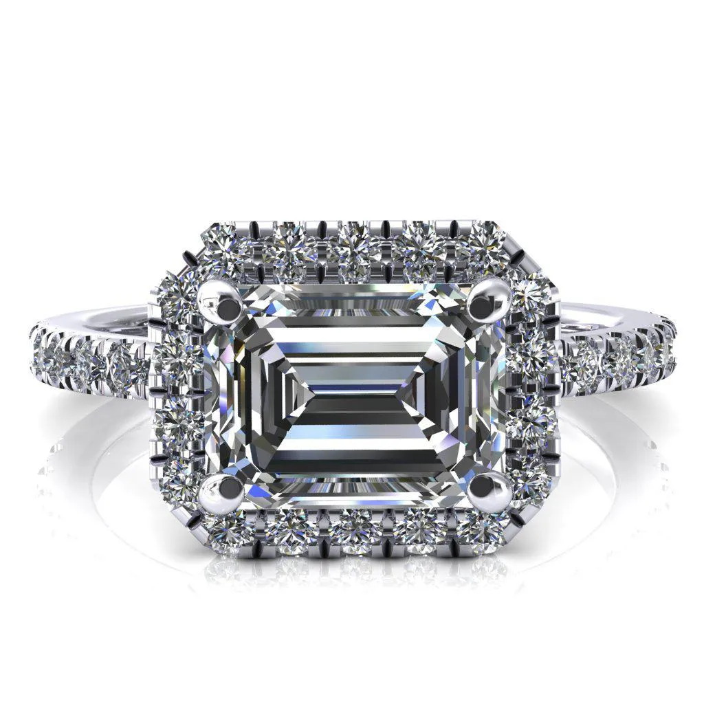 Talia Emerald Moissanite East-West 4 Prong Halo 5/8 Micropave Ring