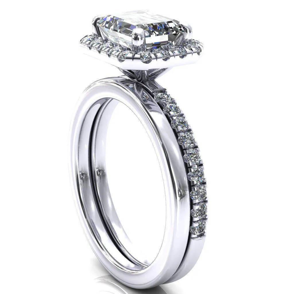 Talia Emerald Moissanite East-West 4 Prong Halo 5/8 Micropave Ring