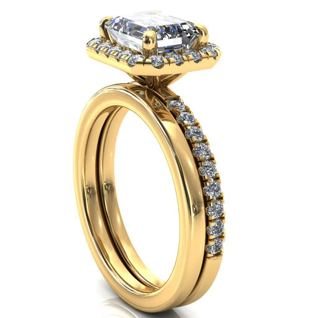 Talia Emerald Moissanite East-West 4 Prong Halo 5/8 Micropave Ring
