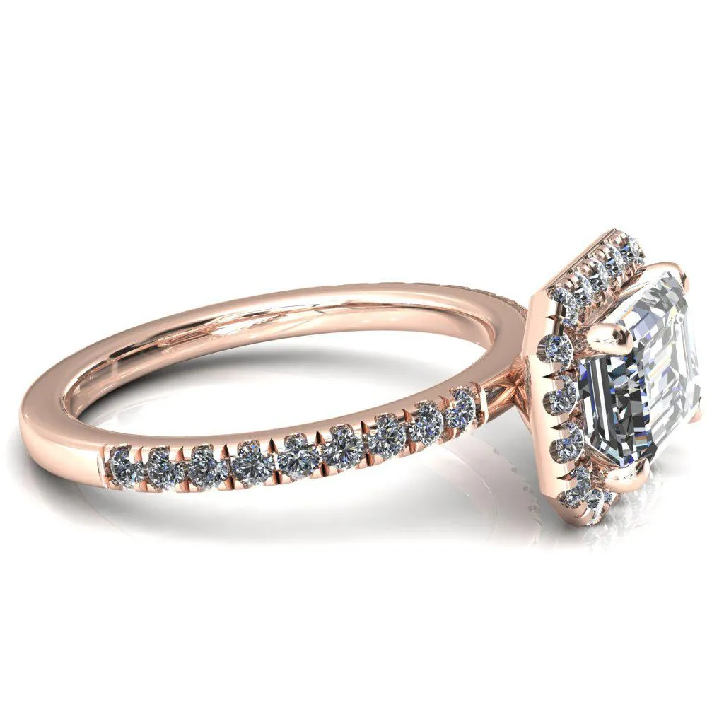 Talia Emerald Moissanite East-West 4 Prong Halo 5/8 Micropave Ring