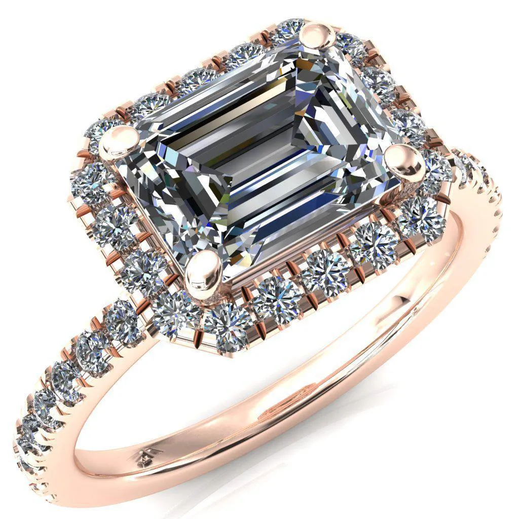 Talia Emerald Moissanite East-West 4 Prong Halo 5/8 Micropave Ring