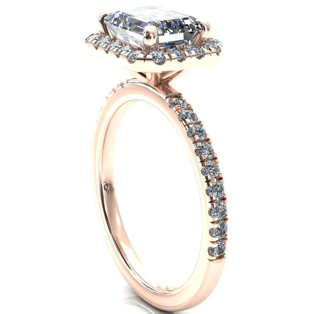 Talia Emerald Moissanite East-West 4 Prong Halo 5/8 Micropave Ring
