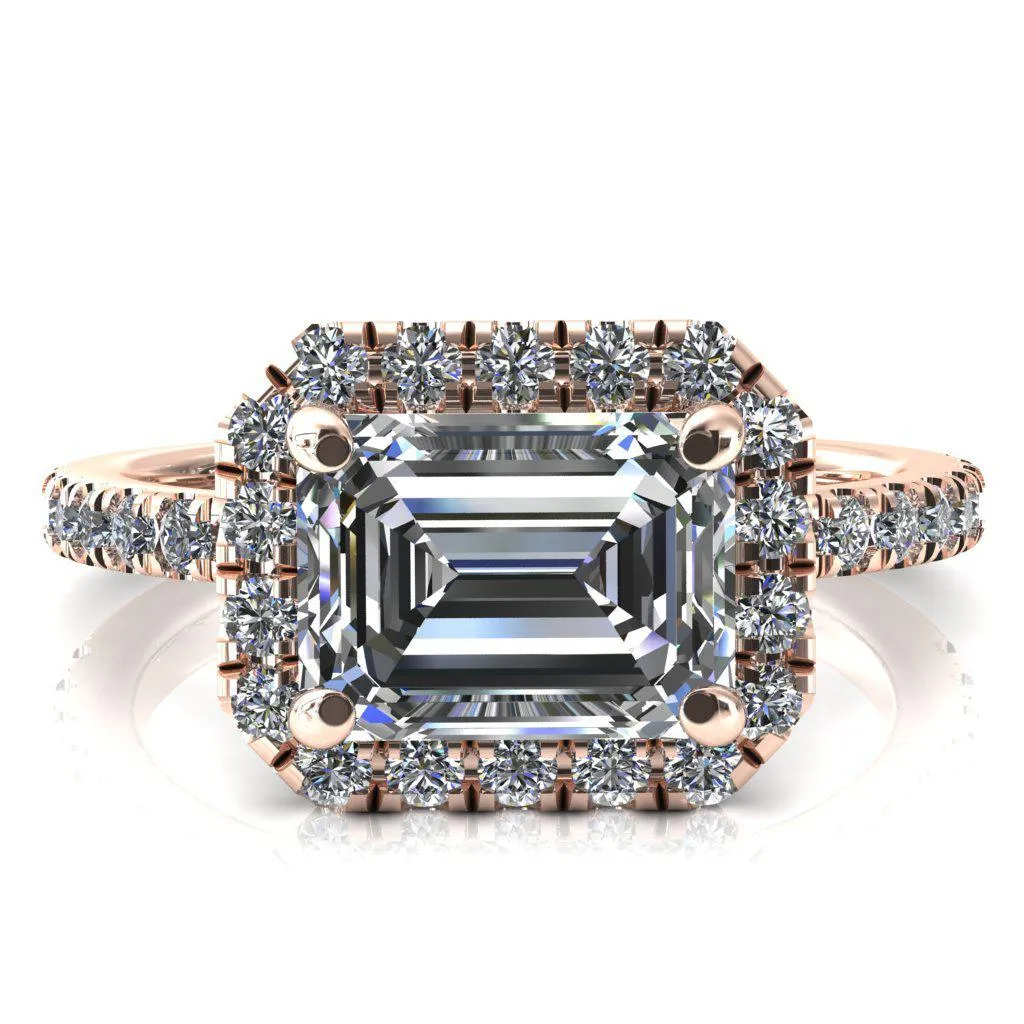 Talia Emerald Moissanite East-West 4 Prong Halo 5/8 Micropave Ring