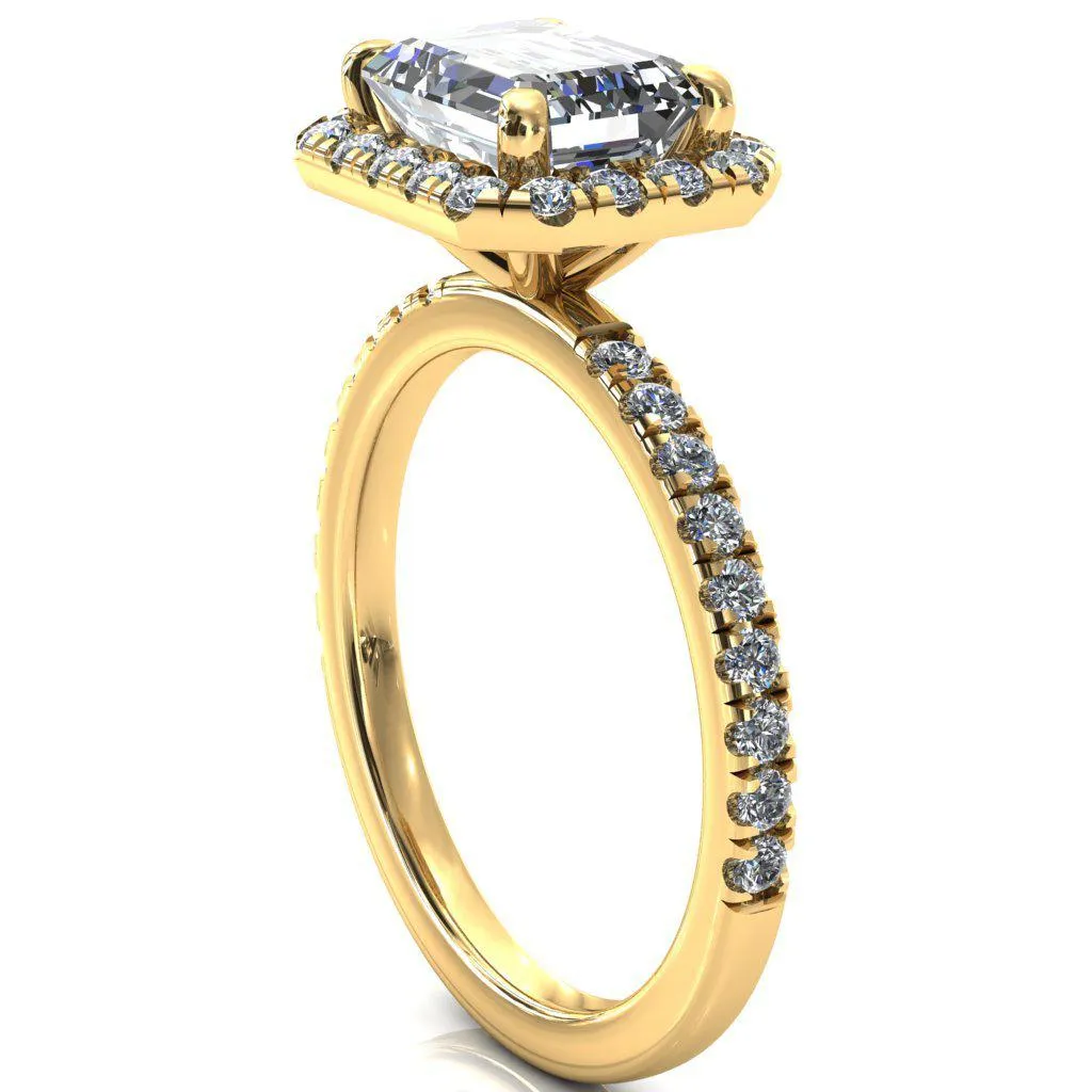 Talia Emerald Moissanite East-West 4 Prong Halo 5/8 Micropave Ring