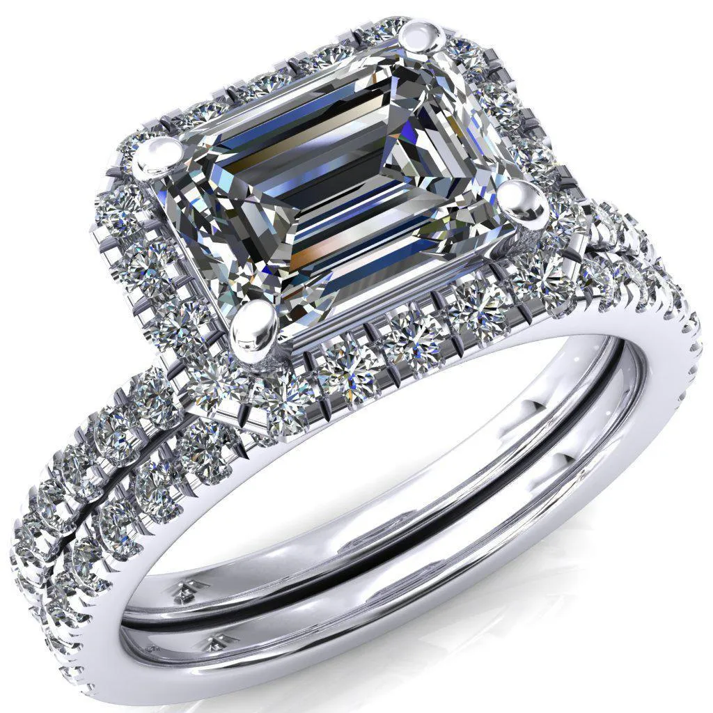 Talia Emerald Moissanite East-West 4 Prong Halo 5/8 Micropave Ring
