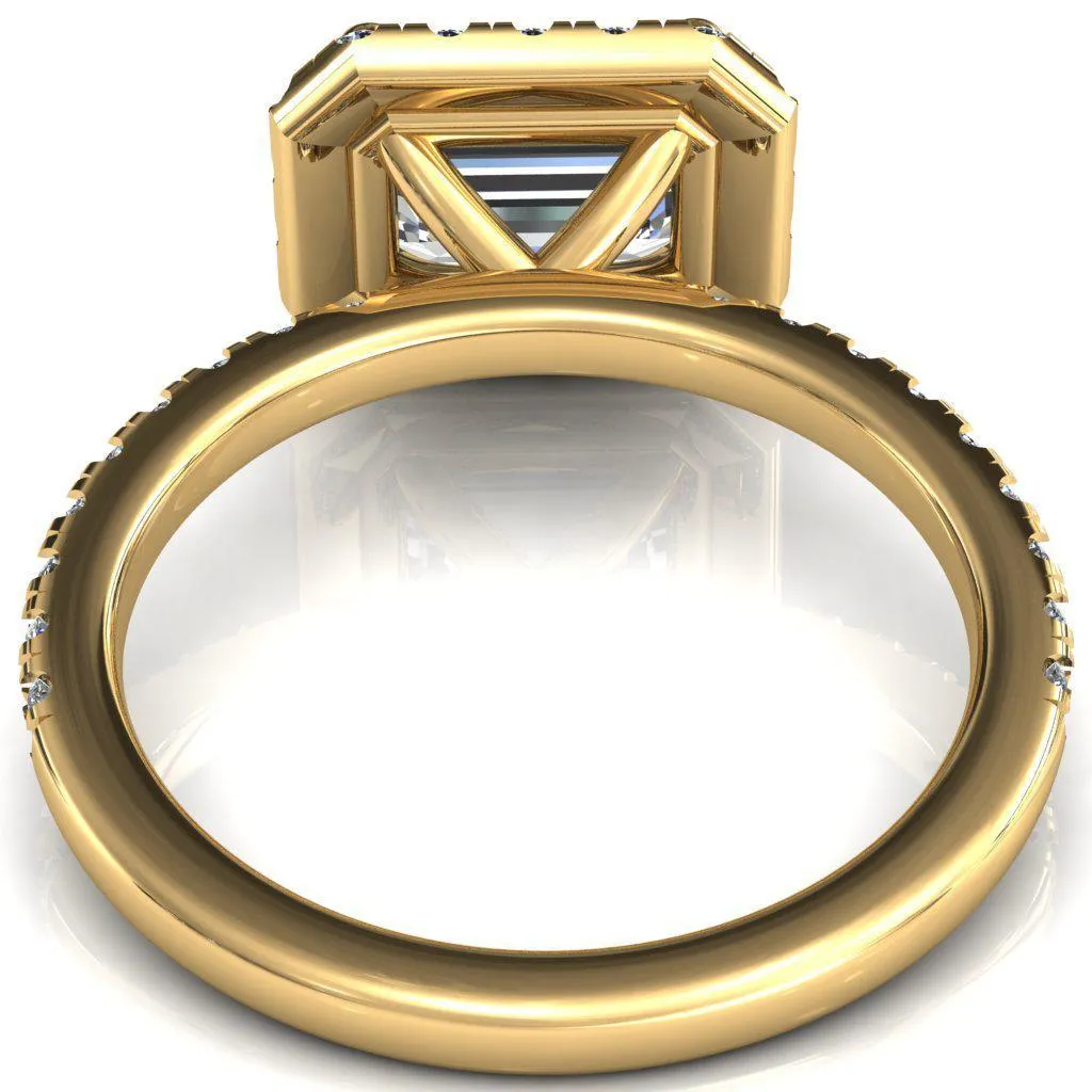 Talia Emerald Moissanite East-West 4 Prong Halo 5/8 Micropave Ring