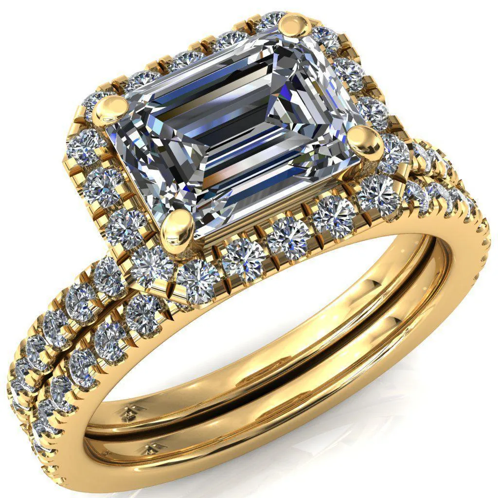 Talia Emerald Moissanite East-West 4 Prong Halo 5/8 Micropave Ring