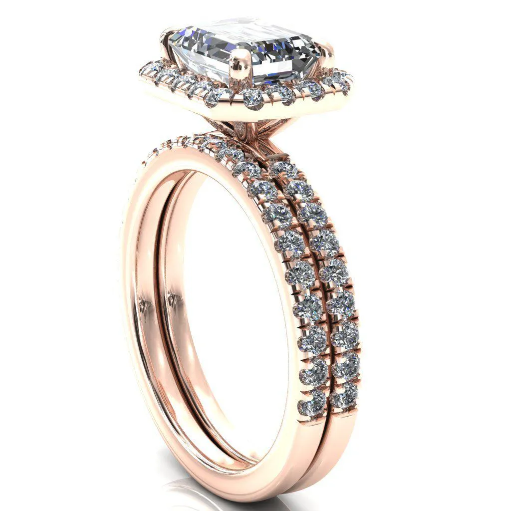 Talia Emerald Moissanite East-West 4 Prong Halo 5/8 Micropave Ring
