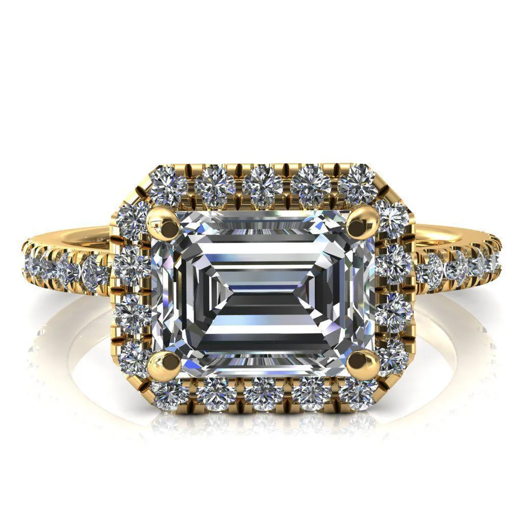 Talia Emerald Moissanite East-West 4 Prong Halo 5/8 Micropave Ring
