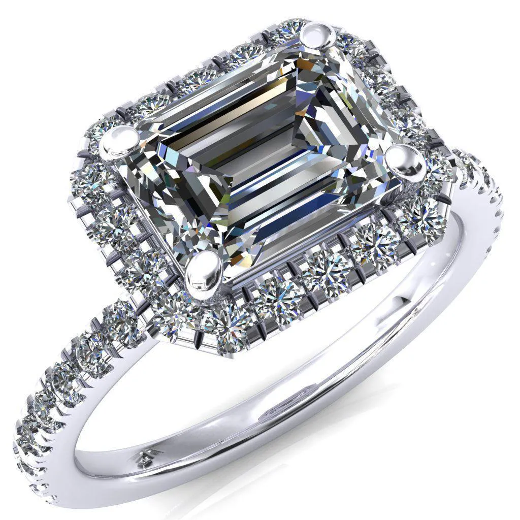 Talia Emerald Moissanite East-West 4 Prong Halo 5/8 Micropave Ring