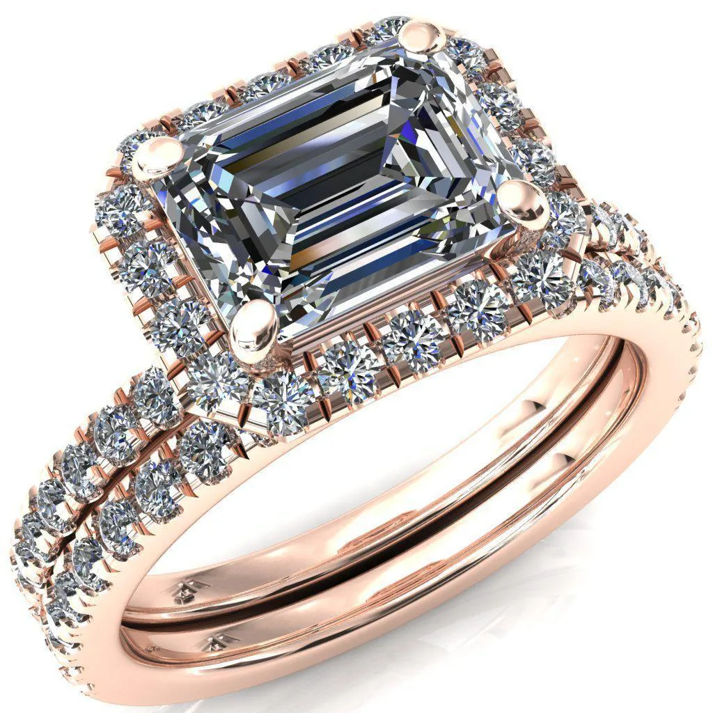 Talia Emerald Moissanite East-West 4 Prong Halo 5/8 Micropave Ring