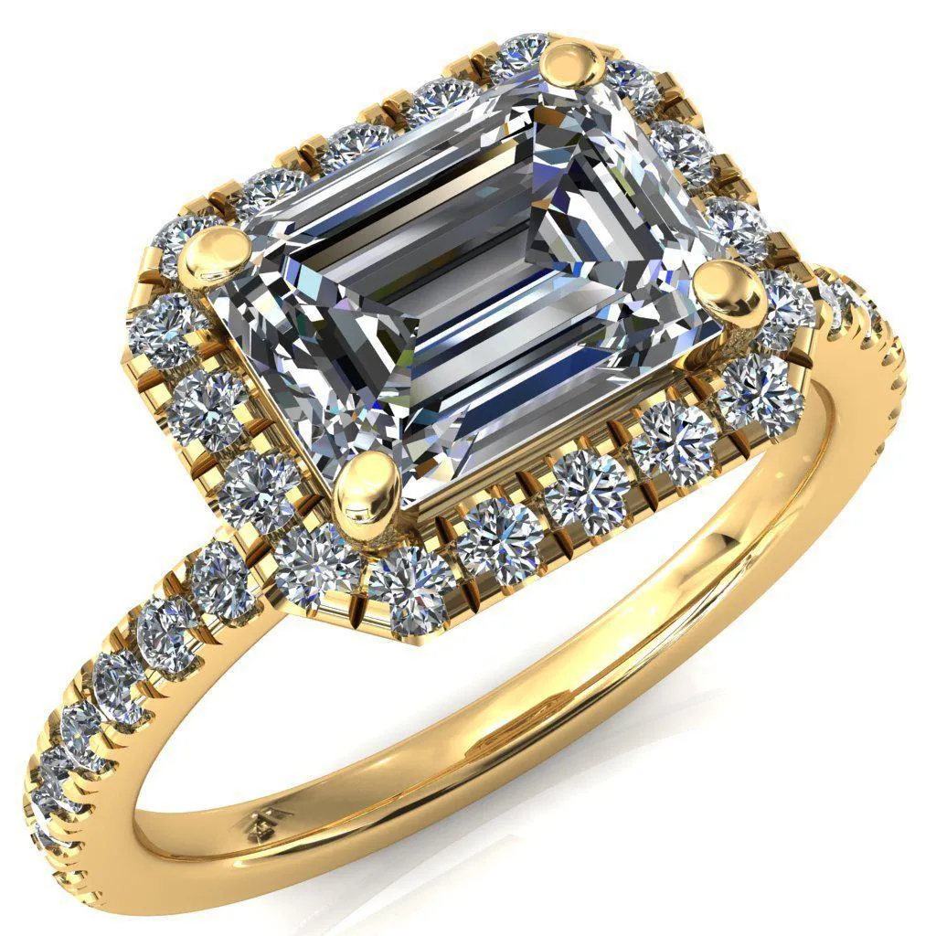 Talia Emerald Moissanite East-West 4 Prong Halo 5/8 Micropave Ring